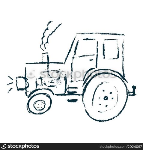 Tractor. Icon in hand draw style. Drawing with wax crayons, colored chalk, children&rsquo;s creativity. Vector illustration. Sign, symbol, pin, sticker. Icon in hand draw style. Drawing with wax crayons, children&rsquo;s creativity