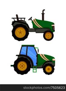 Tractor icons set machinery vector. Agronomy equipment transportation auto with cabin for driver, Agricultural machine, farming vehicles isolated. Tractor Icons Set Machinery Vector Illustration