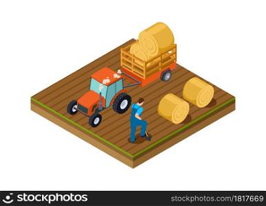 Tractor lorry. Agricultural work, man digs ground. Isometric plantation, harvesting time vector illustration. Tractor farming countryside, machine agriculture working. Tractor lorry. Agricultural work, man digs ground. Isometric plantation, harvesting time vector illustration