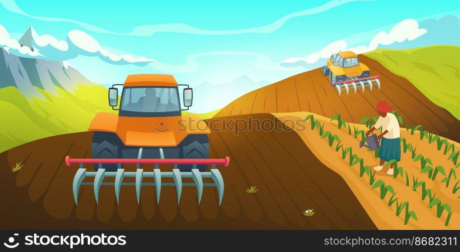 Tractor plowing farm field on rural mountain landscape with worker care and watering plants. Traditional agriculture, countryside or village life, organic production grow, Cartoon vector illustration. Tractor plowing farm field traditional agriculture