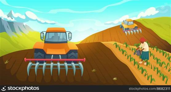 Tractor plowing farm field on rural mountain landscape with worker care and watering plants. Traditional agriculture, countryside or village life, organic production grow, Cartoon vector illustration. Tractor plowing farm field traditional agriculture