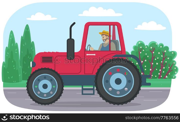 Tractor riding on green grass road. Agricultural machine vehicle for transportation of goods and cultivation. Driver is driving tractor vector illustration. Farming machine for working in field. Agricultural machine for cultivation. Man driving tractor. Farming machine for working in field
