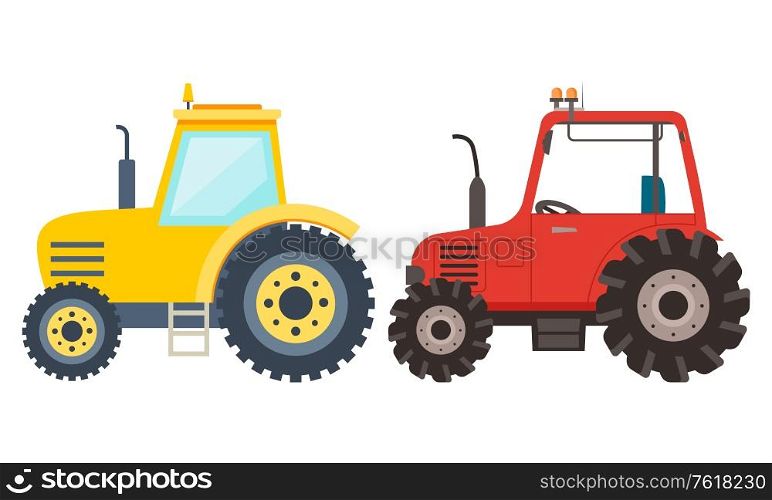 Tractor set, side view of agricultural transport, farming machine. Meadow equipment, transportation on field, harvest vehicle element of decoration vector. Farming Machine, Farm Vehicle, Tractor Vector