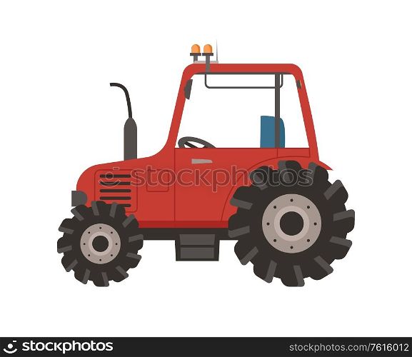 Tractor side view, vehicle agricultural equipment with big wheels, farming car in red color, machine for meadow, countryside transport in flat style vector. Countryside Transport, Tractor Vehicle, Car Vector