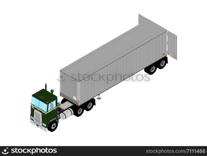 Tractor unit and trailer with open doors. Isometric view. Flat vector.