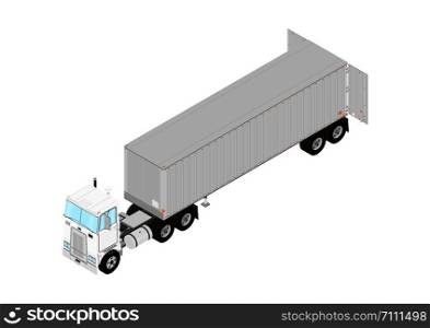 Tractor unit and trailer with open doors. Isometric view. Flat vector.