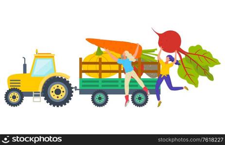 Tractor with full trailer, vegetables in vehicle. Women characters holding beet and carrot, pumpkin and tomato, potato harvesting products, delivery vector. Delivery of Harvesting Vegetables, Farm Vector