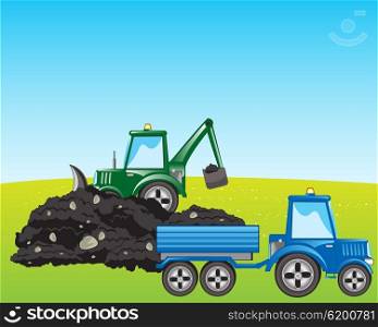 Tractor with scoop digs and loads land in pushcart. Tractor excavator loads ground