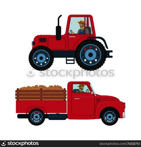 Tractor with trailer isolated icons vector. Transportation of products harvesting cargo. Car automobile with driver in cabin, farmer driving vehicle. Tractor with Trailer Icons Set Vector Illustration