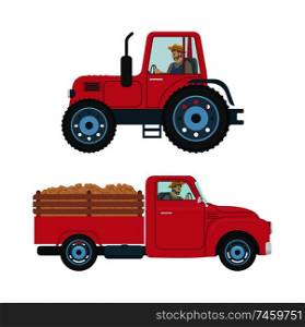 Tractor with trailer isolated icons vector. Transportation of products harvesting cargo. Car automobile with driver in cabin, farmer driving vehicle. Tractor with Trailer Icons Set Vector Illustration