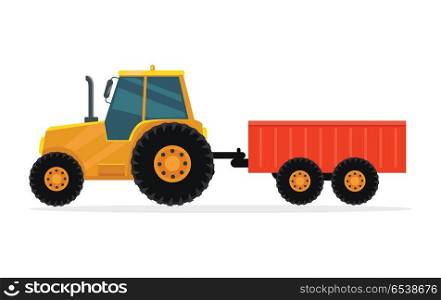 Tractor with trailer vector. Flat design. Industrial transport. Cargo machine. Illustration for farming, agricultural, construction theme illustrating, app icons, ad, infographics On white . Tractor with Trailer Vector Illustration.. Tractor with Trailer Vector Illustration.