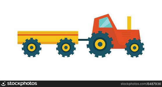 Tractor with Trailer Vector Illustration.. Tractor with trailer vector. Flat style design. Farm machinery and instruments concept. Illustration for farming and agricultural theme illustrating, app icons, ad, infographics. Isolated on white.