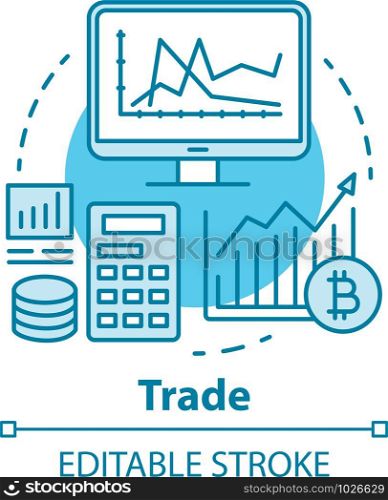 Trade blue concept icon. Stock market analyzing idea thin line illustration. Bitcoin trading. Cryptocurrency exchange. Financial transaction. Vector isolated outline drawing. Editable stroke