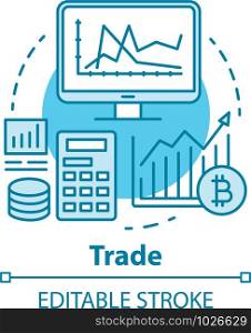 Trade blue concept icon. Stock market analyzing idea thin line illustration. Bitcoin trading. Cryptocurrency exchange. Financial transaction. Vector isolated outline drawing. Editable stroke
