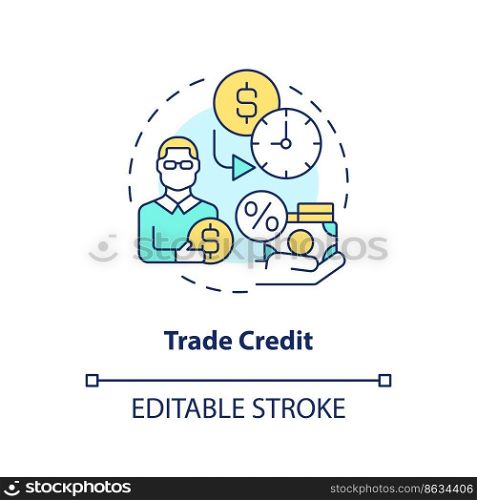 Trade credit concept icon. Organization loan. Source of short term financing abstract idea thin line illustration. Isolated outline drawing. Editable stroke. Arial, Myriad Pro-Bold fonts used. Trade credit concept icon