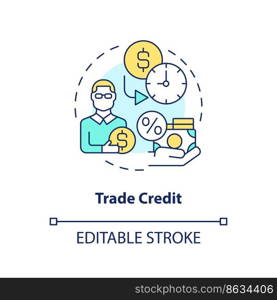 Trade credit concept icon. Organization loan. Source of short term financing abstract idea thin line illustration. Isolated outline drawing. Editable stroke. Arial, Myriad Pro-Bold fonts used. Trade credit concept icon