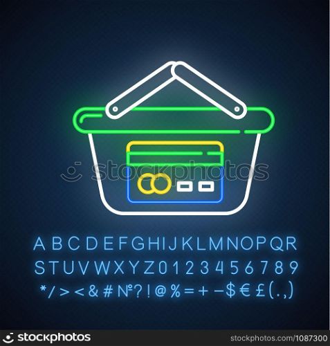Trade credit neon light icon. Reail, marketing. Plastic credit card, shopping basket. Cashless payment. Glowing sign with alphabet, numbers and symbols. Vector isolated illustration