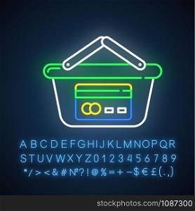 Trade credit neon light icon. Reail, marketing. Plastic credit card, shopping basket. Cashless payment. Glowing sign with alphabet, numbers and symbols. Vector isolated illustration