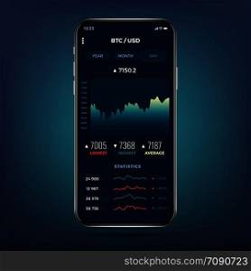 Trade exchange app on phone screen. Mobile banking cryptocurrency ui. Online stock trading interface vector eps 10. Illustration of mobile banking crypto currency, bitcoin and dollar. Trade exchange app on phone screen. Mobile banking cryptocurrency ui. Online stock trading interface vector eps 10