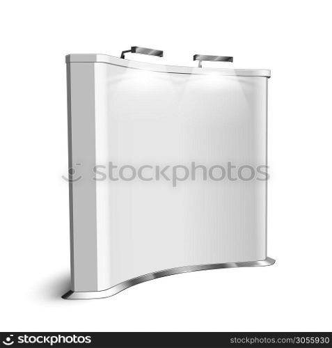 Trade Exhibition Stand With Lighting Lamps Vector. Curved Marketing And Advertising Blank Stand With Backlight, Commercial Construction For Advertisement And Info. Layout Realistic 3d Illustration. Trade Exhibition Stand With Lighting Lamps Vector