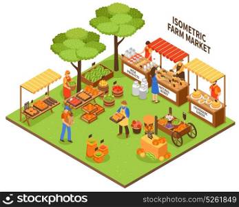 Trade Fair Market Illustration. Local growing outdoor funfair market isometric composition with farmer greengrocer characters selling natural organic food products vector illustration