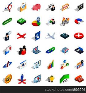 Trade icons set. Isometric style of 36 trade vector icons for web isolated on white background. Trade icons set, isometric style