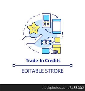 Trade in credits concept icon. Program for customers. Type of discounts abstract idea thin line illustration. Isolated outline drawing. Editable stroke. Arial, Myriad Pro-Bold fonts used. Trade in credits concept icon