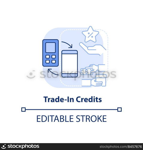 Trade in credits light blue concept icon. Program for customers. Type of discounts abstract idea thin line illustration. Isolated outline drawing. Editable stroke. Arial, Myriad Pro-Bold fonts used. Trade in credits light blue concept icon