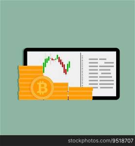 Trade in crypto currency. Tablet with chart and graphic, stack golden bit coin. Vector illustration. Trade in crypto currency