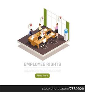 Trade labor union representative checking employees working time tracking system regulations isometric composition office interior vector illustration