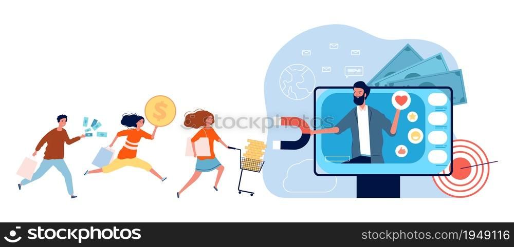 Trade marketing. Attracting clients and customers, people run to shopping with money. Man give online advertising and attract shoppers vector concept. Marketing shopping promotion illustration. Trade marketing. Attracting clients and customers, people run to shopping with money. Man give online advertising and attract shoppers vector concept