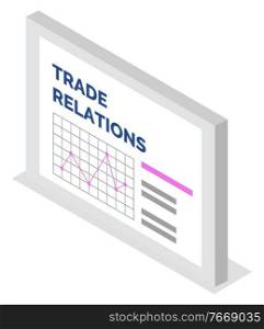 Trade relations presentation board with graph report. Data analysis growth statistic of rising chart icon isolated on white. Visualization element of financial success and research progress, isometric. Data Analysis Trade Relations Presentation Vector