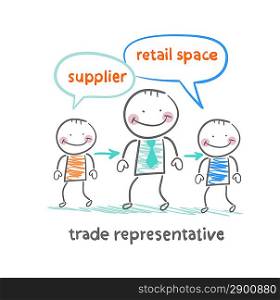trade representative is standing next to a supplier and a point of sale