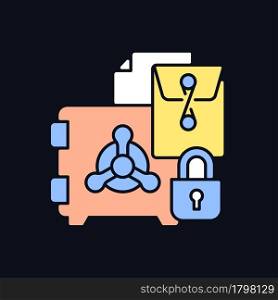 Trade secrets RGB color icon for dark theme. Intellectual property right. Security metal safe and padlock. Isolated vector illustration on night mode background. Simple filled line drawing on black. Trade secrets RGB color icon for dark theme