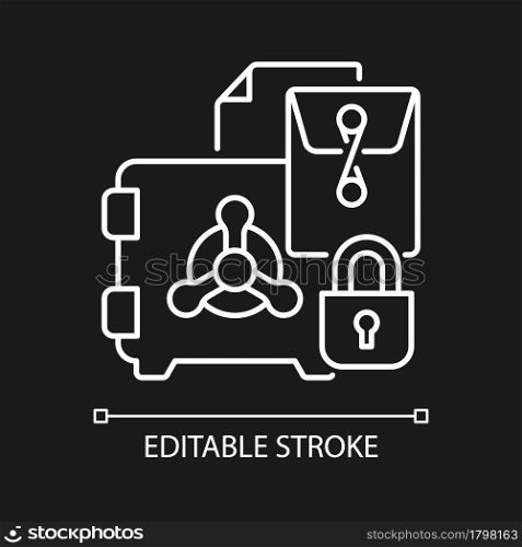Trade secrets white linear icon for dark theme. Intellectual right. Security metal safe. Thin line customizable illustration. Isolated vector contour symbol for night mode. Editable stroke. Trade secrets white linear icon for dark theme