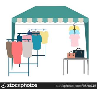 Trade tent with clothes flat vector illustration. Street market, fair awning. Outdoor local clothing store, shop cartoon concept isolated on white background. Market tent with second hand clothes racks