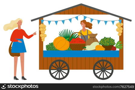 Trade tent with fresh ripe vegetables. Female vendor standing behind counter. Girls with basket buying fruits. Street stall or kiosk vector illustration. Trade Tent with Vegetables Customer and Vendor Vector