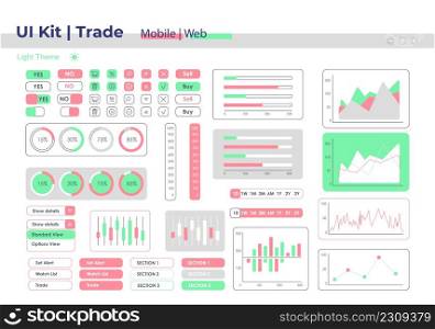 Trade UI elements kit. Business and commerce isolated vector dashboard components. Flat interface buttons template. Web design widget collection for mobile application with light theme. Trade UI elements kit