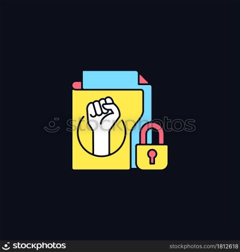 Trade union membership RGB color icon for dark theme. Improving employment rights. Fighting discrimination. Isolated vector illustration on night mode background. Simple filled line drawing on black. Trade union membership RGB color icon for dark theme