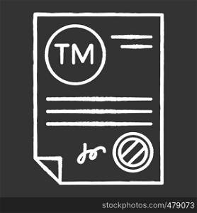 Trademark certificate chalk white icon on black background. Certification mark. Intellectual property license. Brand name registration. Notary services. Isolated vector chalkboard illustration
