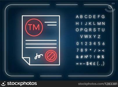 Trademark certificate neon light icon. Certification mark. Brand name registration. Outer glowing effect. Sign with alphabet, numbers and symbols. Vector isolated RGB color illustration