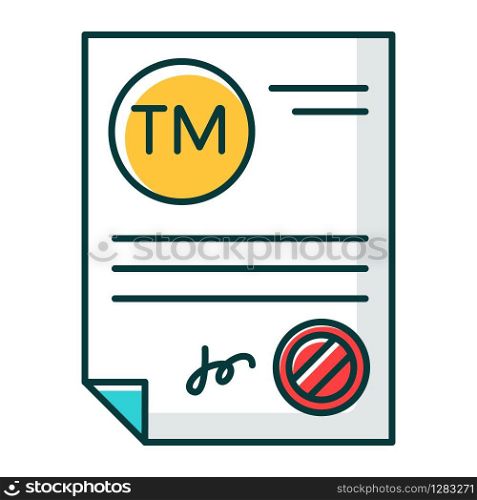 Trademark certificate RGB color icon. Certification mark. Intellectual property license. Brand name registration. Legal document with stamp. Notary services. Isolated vector illustration