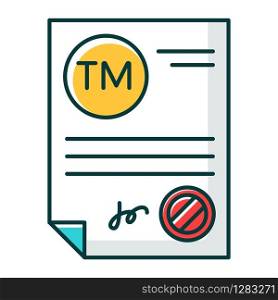 Trademark certificate RGB color icon. Certification mark. Intellectual property license. Brand name registration. Legal document with stamp. Notary services. Isolated vector illustration