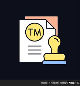 Trademark RGB color icon for dark theme. Product or service identification. Legal entity mark. Isolated vector illustration on night mode background. Simple filled line drawing on black. Trademark RGB color icon for dark theme