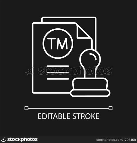 Trademark white linear icon for dark theme. Product or service identification. Legal entity mark. Thin line customizable illustration. Isolated vector contour symbol for night mode. Editable stroke. Trademark white linear icon for dark theme