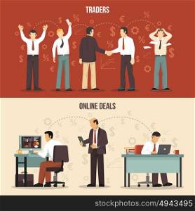 Trading Finance Banners. Horizontal trading finance banners with traders making agreements and online deals flat isolated vector illustration