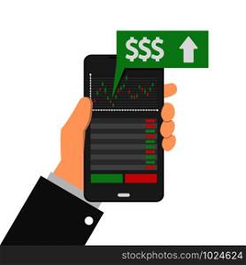 trading on the phone in hand vector flat illustration. trading on the phone in hand vector flat