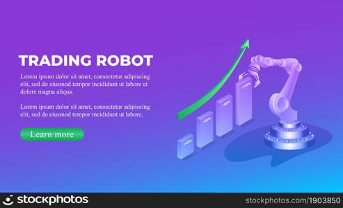 Trading robot isometric concept with chart and upward arrow and copy space. Automatic bot trading banner. Vector illustration.