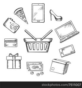 Trading sketch icons with shopping basket rounded for a mobile phone, tablet and laptop, cash, bank card, gift, cardboard carton with a shoe, fashion, camera, electronics and fast food pizza. Trading sketch icons for online shopping
