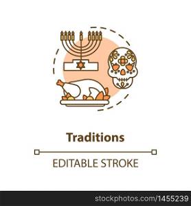 Tradition concept icon. National heritage. Different historical customs. Religious holiday. Cultural diversity idea thin line illustration. Vector isolated outline RGB color drawing. Editable stroke. Tradition concept icon